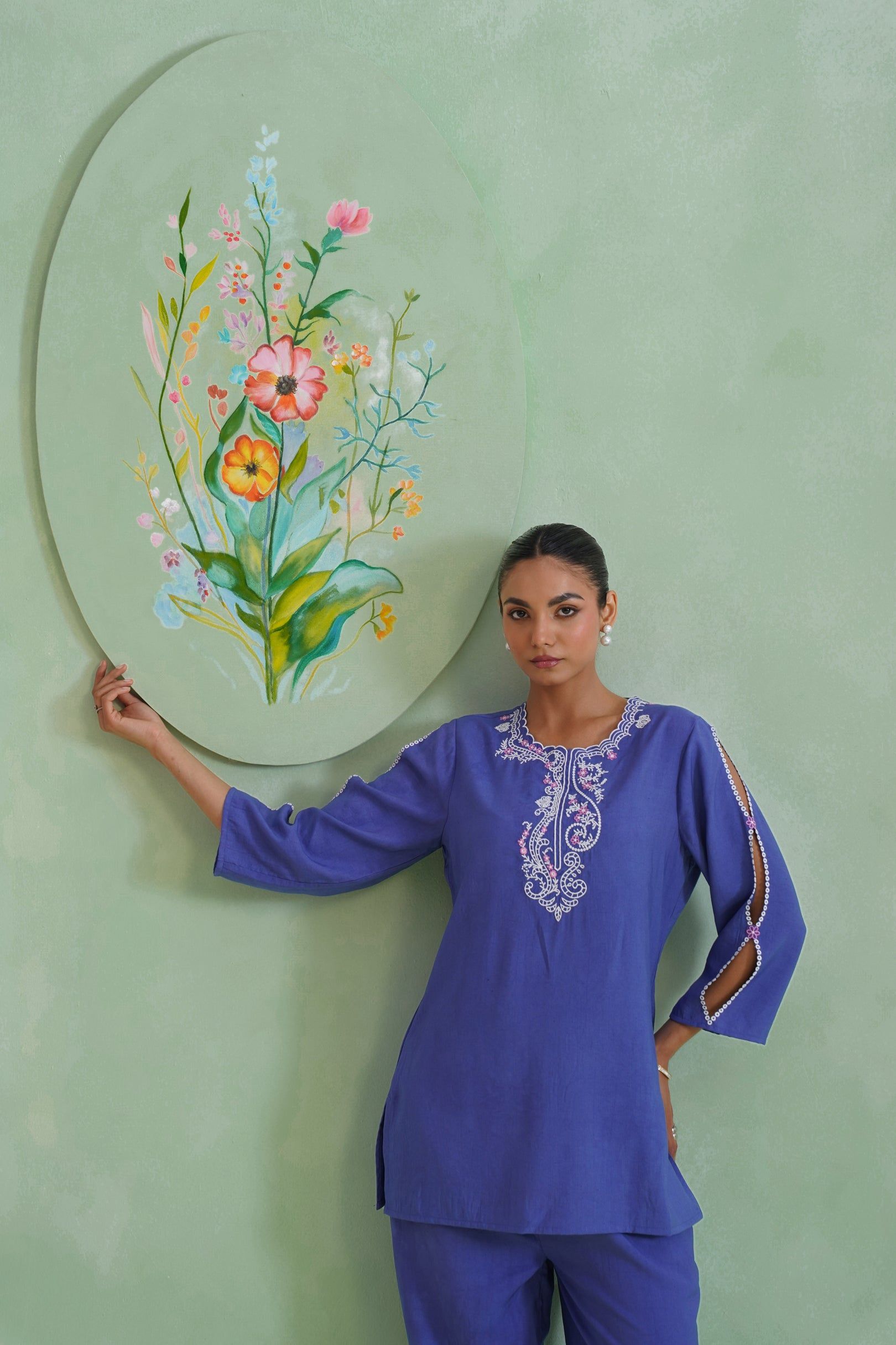 Dusty Lilac Blue Embroidered Co-ord Set Korah Stitch