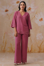Dusty Pink Linen-Blend Broderie Co-Ord Set Korah Stitch