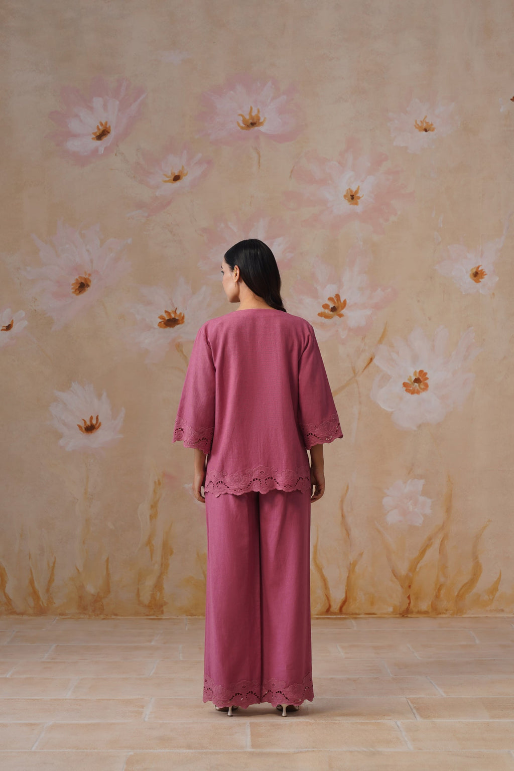 Dusty Pink Linen-Blend Broderie Co-Ord Set Korah Stitch