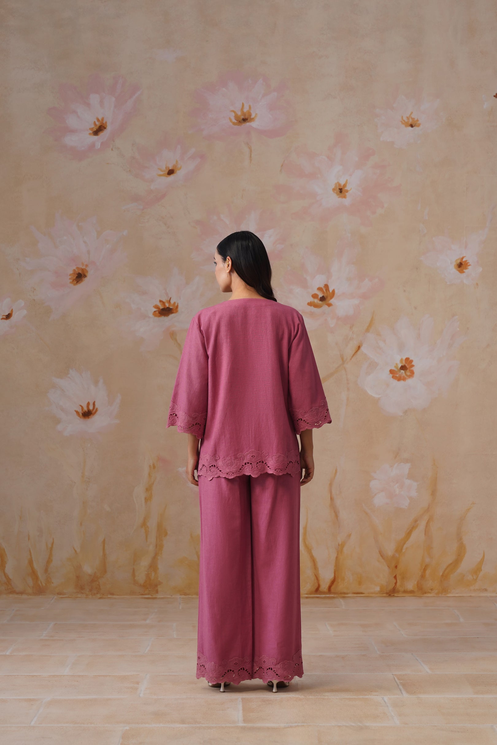 Dusty Pink Linen-Blend Broderie Co-Ord Set Korah Stitch