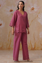 Dusty Pink Linen-Blend Broderie Co-Ord Set Korah Stitch