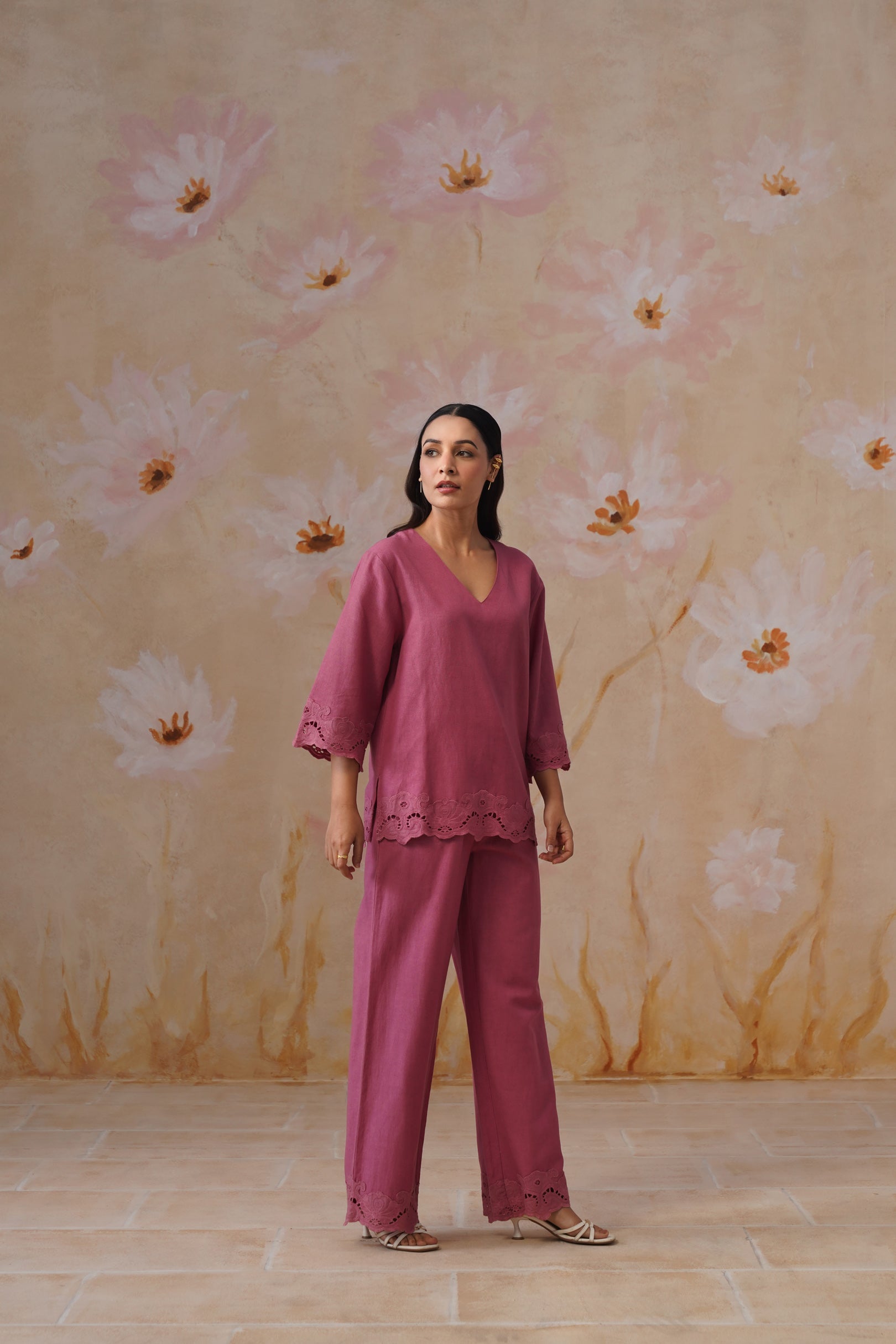 Dusty Pink Linen-Blend Broderie Co-Ord Set Korah Stitch