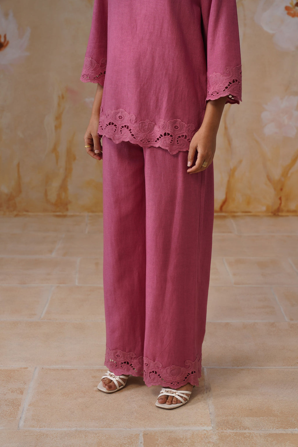 Dusty Pink Linen-Blend Broderie Co-Ord Set Korah Stitch