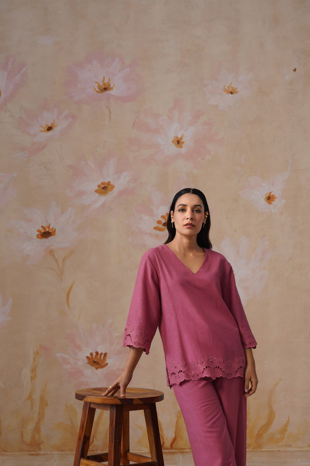 Dusty Pink Linen-Blend Broderie Co-Ord Set Korah Stitch
