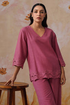 Dusty Pink Linen-Blend Broderie Co-Ord Set Korah Stitch