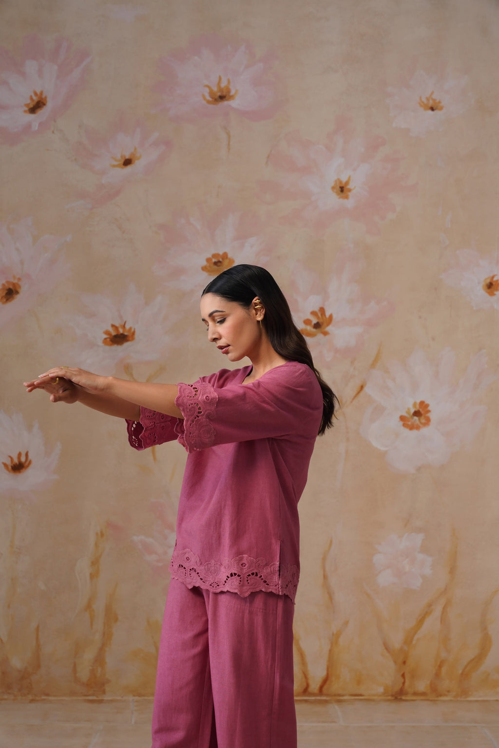 Dusty Pink Linen-Blend Broderie Co-Ord Set Korah Stitch