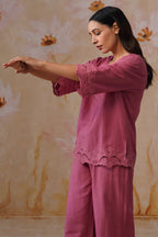 Dusty Pink Linen-Blend Broderie Co-Ord Set Korah Stitch