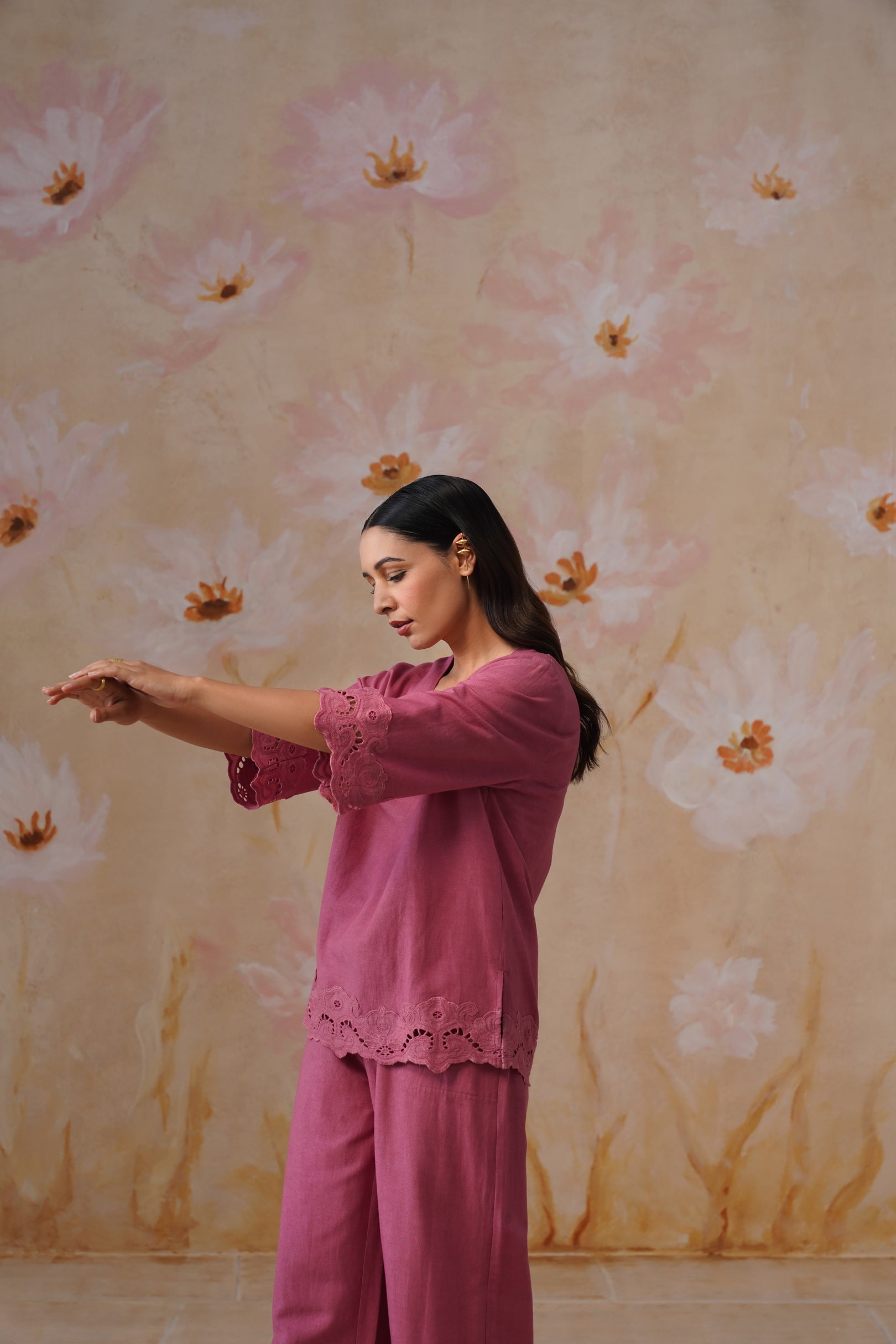 Dusty Pink Linen-Blend Broderie Co-Ord Set Korah Stitch
