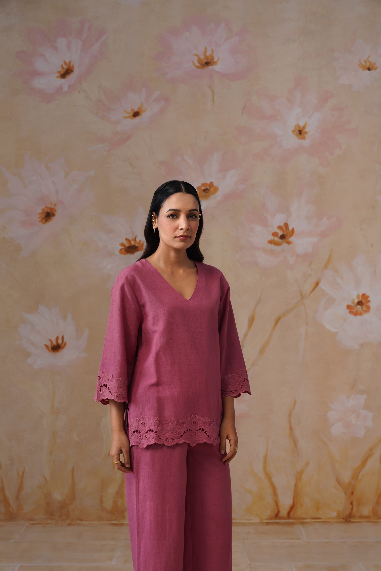 Dusty Pink Linen-Blend Broderie Co-Ord Set Korah Stitch