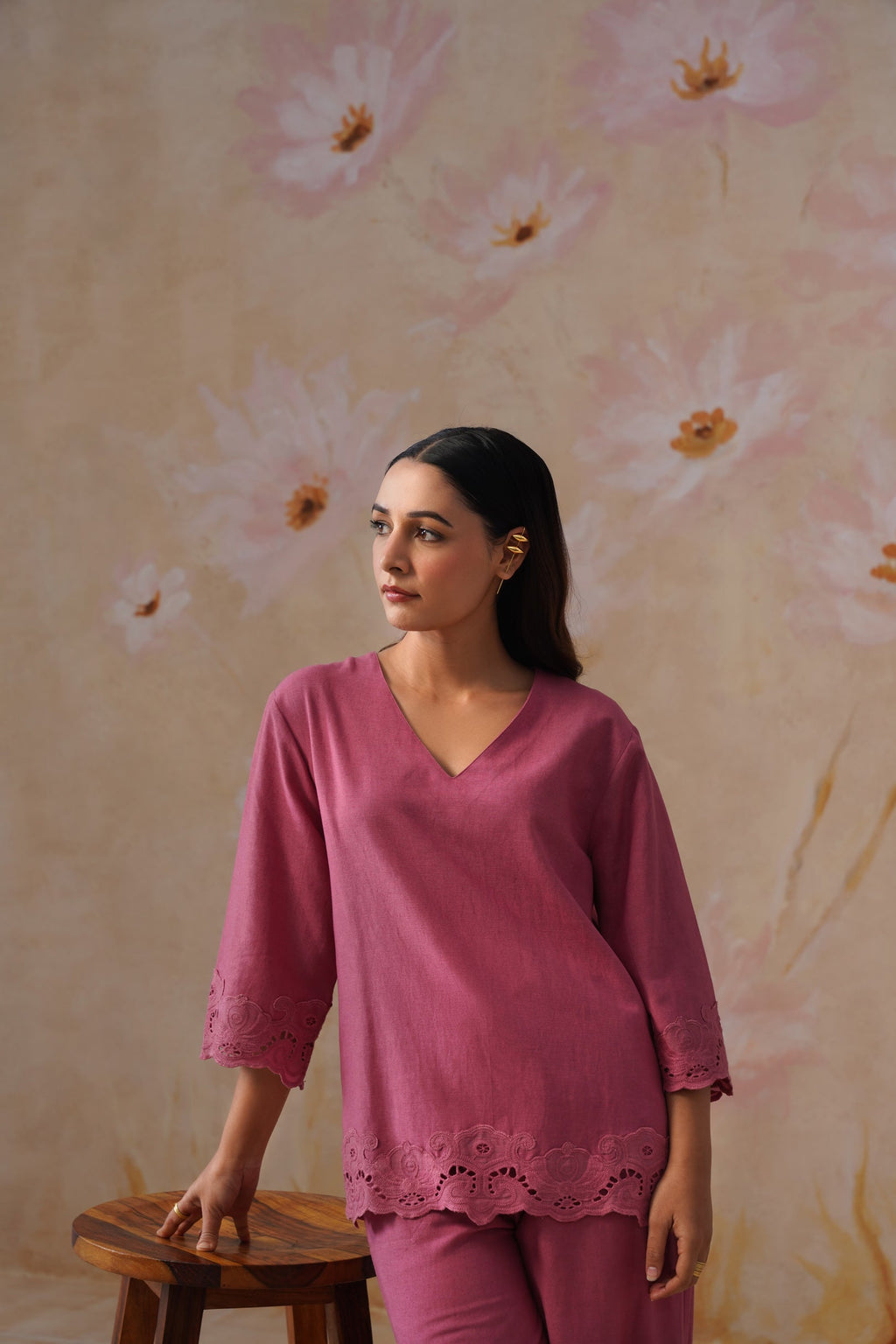 Dusty Pink Linen-Blend Broderie Co-Ord Set Korah Stitch