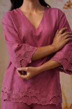 Dusty Pink Linen-Blend Broderie Co-Ord Set Korah Stitch