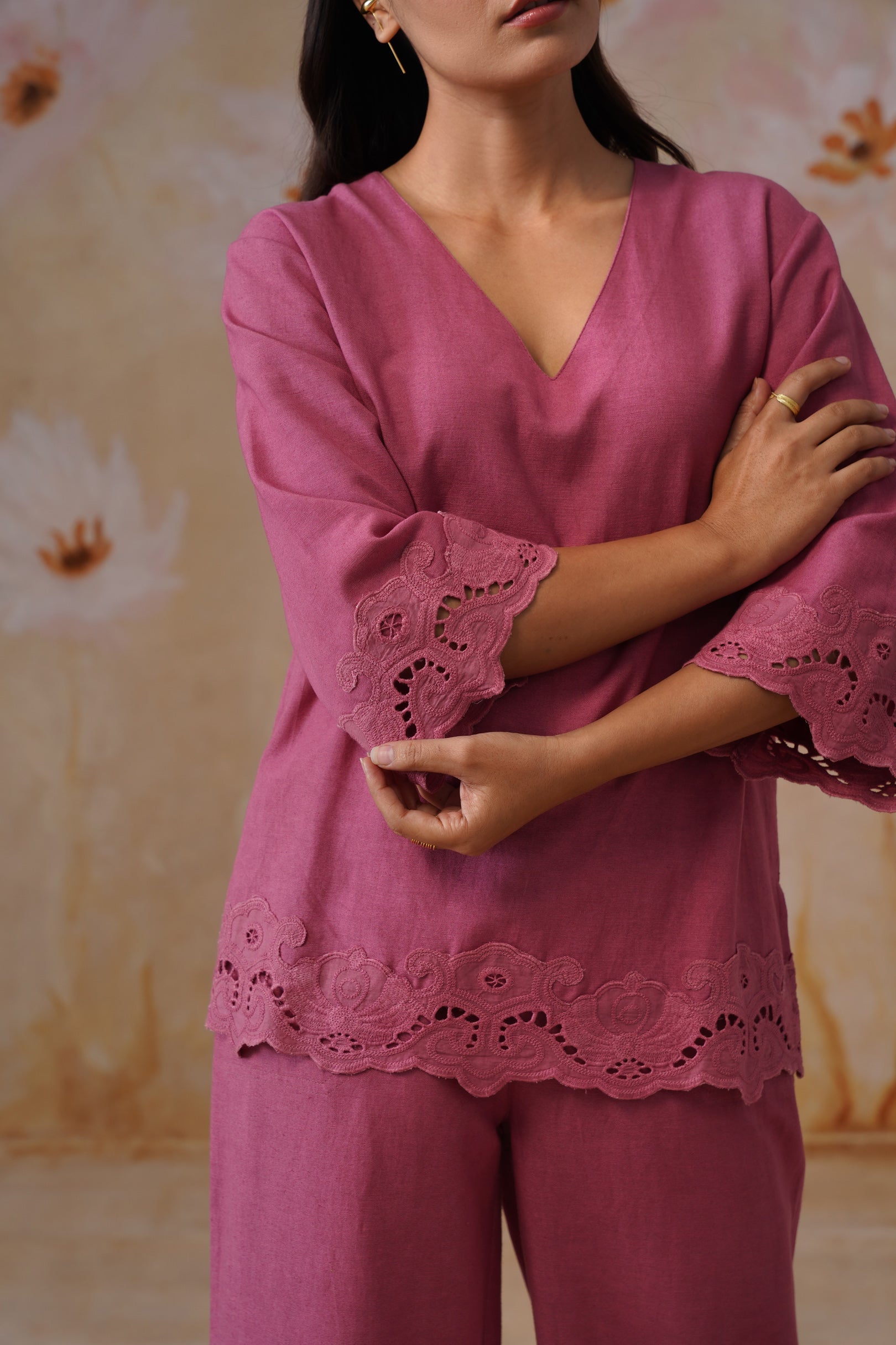 Dusty Pink Linen-Blend Broderie Co-Ord Set Korah Stitch