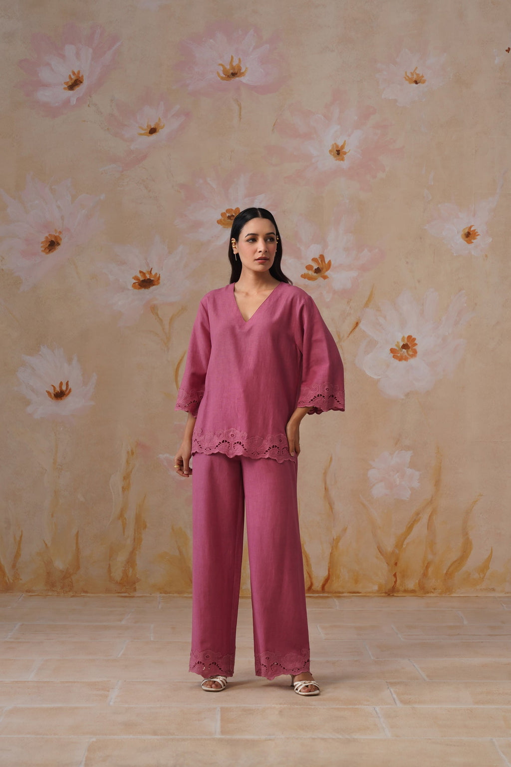 Dusty Pink Linen-Blend Broderie Co-Ord Set Korah Stitch