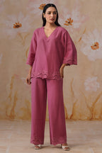 Dusty Pink Linen-Blend Broderie Co-Ord Set Korah Stitch