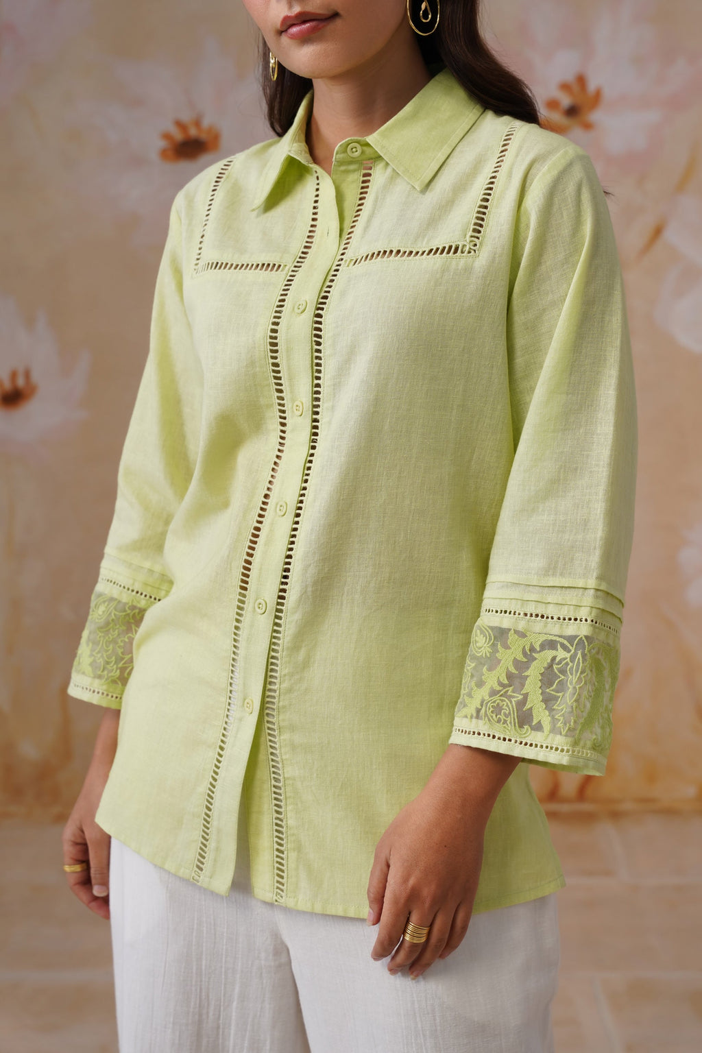 Green & white Organza Embroidered Cotton Linen Co-Ord Set Korah Stitch