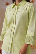 Green & white Organza Embroidered Cotton Linen Co-Ord Set Korah Stitch