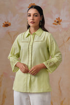 Green & white Organza Embroidered Cotton Linen Co-Ord Set Korah Stitch
