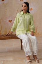 Green & white Organza Embroidered Cotton Linen Co-Ord Set Korah Stitch