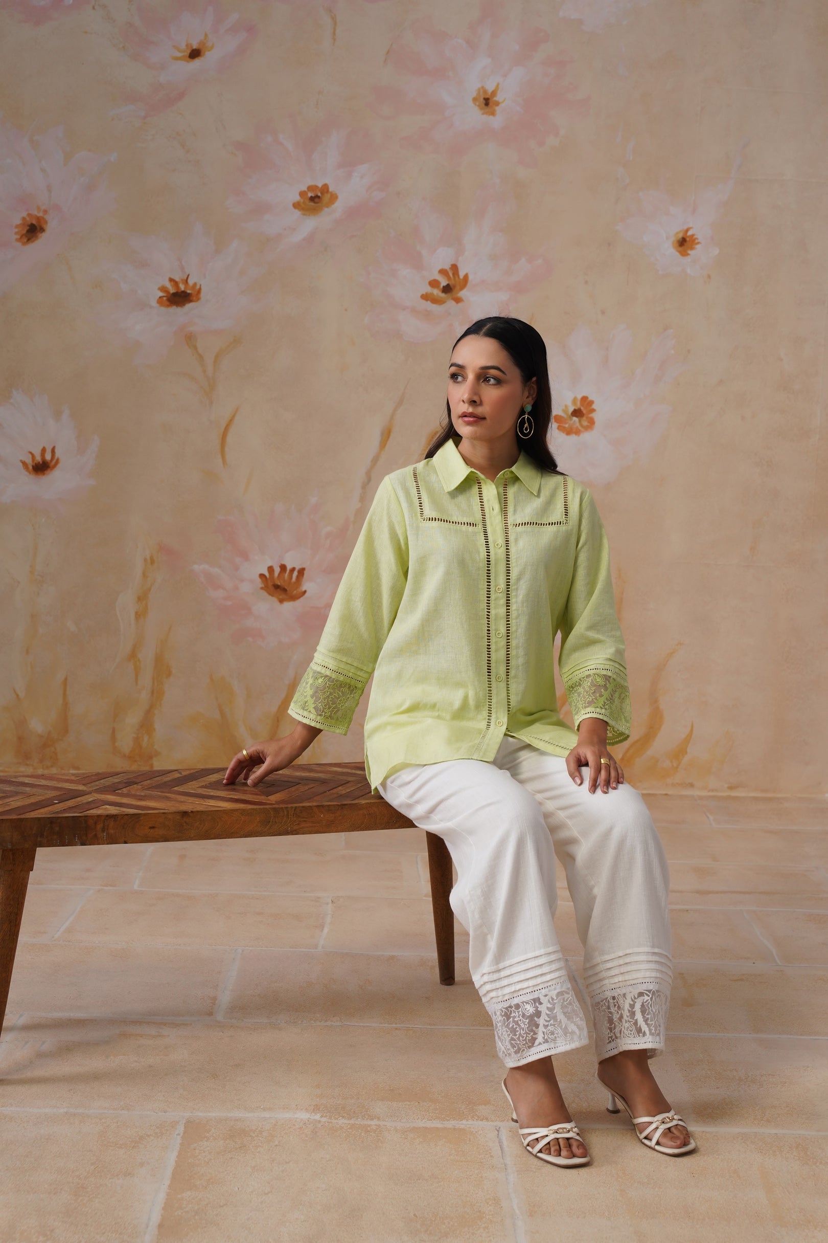 Green & white Organza Embroidered Cotton Linen Co-Ord Set Korah Stitch