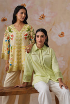Green & white Organza Embroidered Cotton Linen Co-Ord Set Korah Stitch