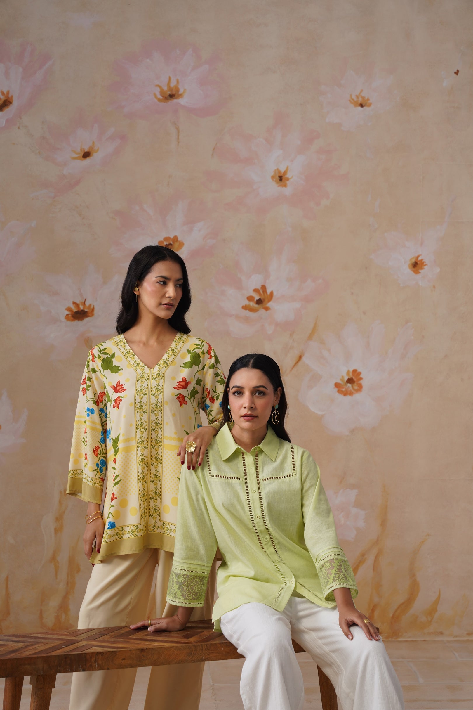 Green & white Organza Embroidered Cotton Linen Co-Ord Set Korah Stitch
