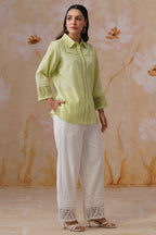 Green & white Organza Embroidered Cotton Linen Co-Ord Set Korah Stitch