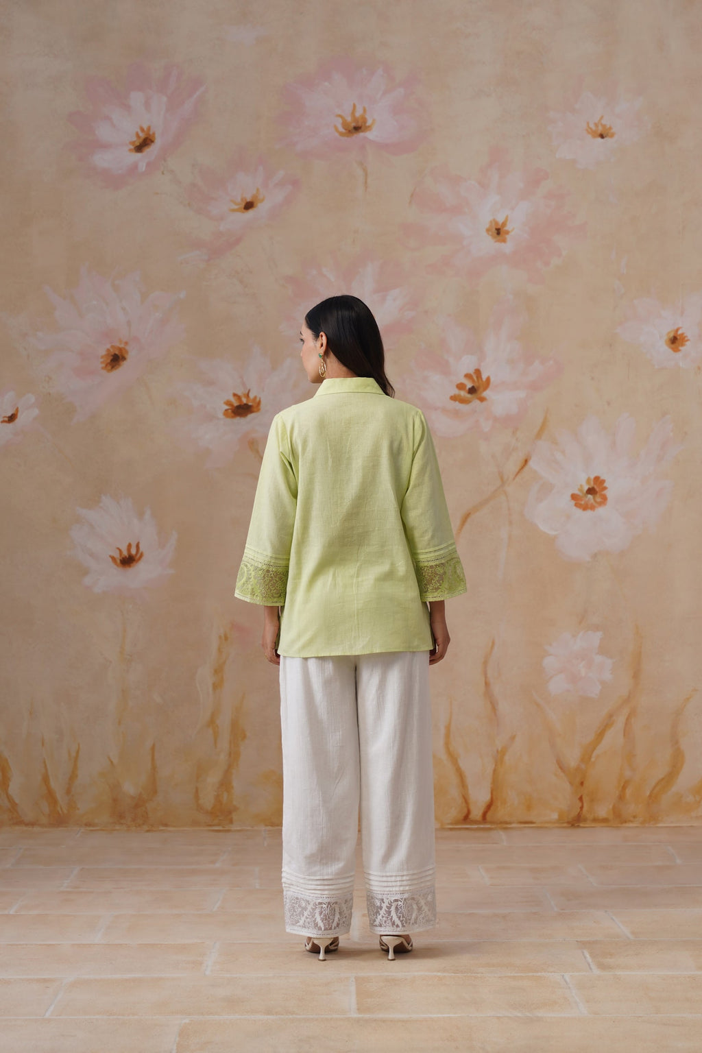 Green & white Organza Embroidered Cotton Linen Co-Ord Set Korah Stitch