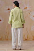 Green & white Organza Embroidered Cotton Linen Co-Ord Set Korah Stitch