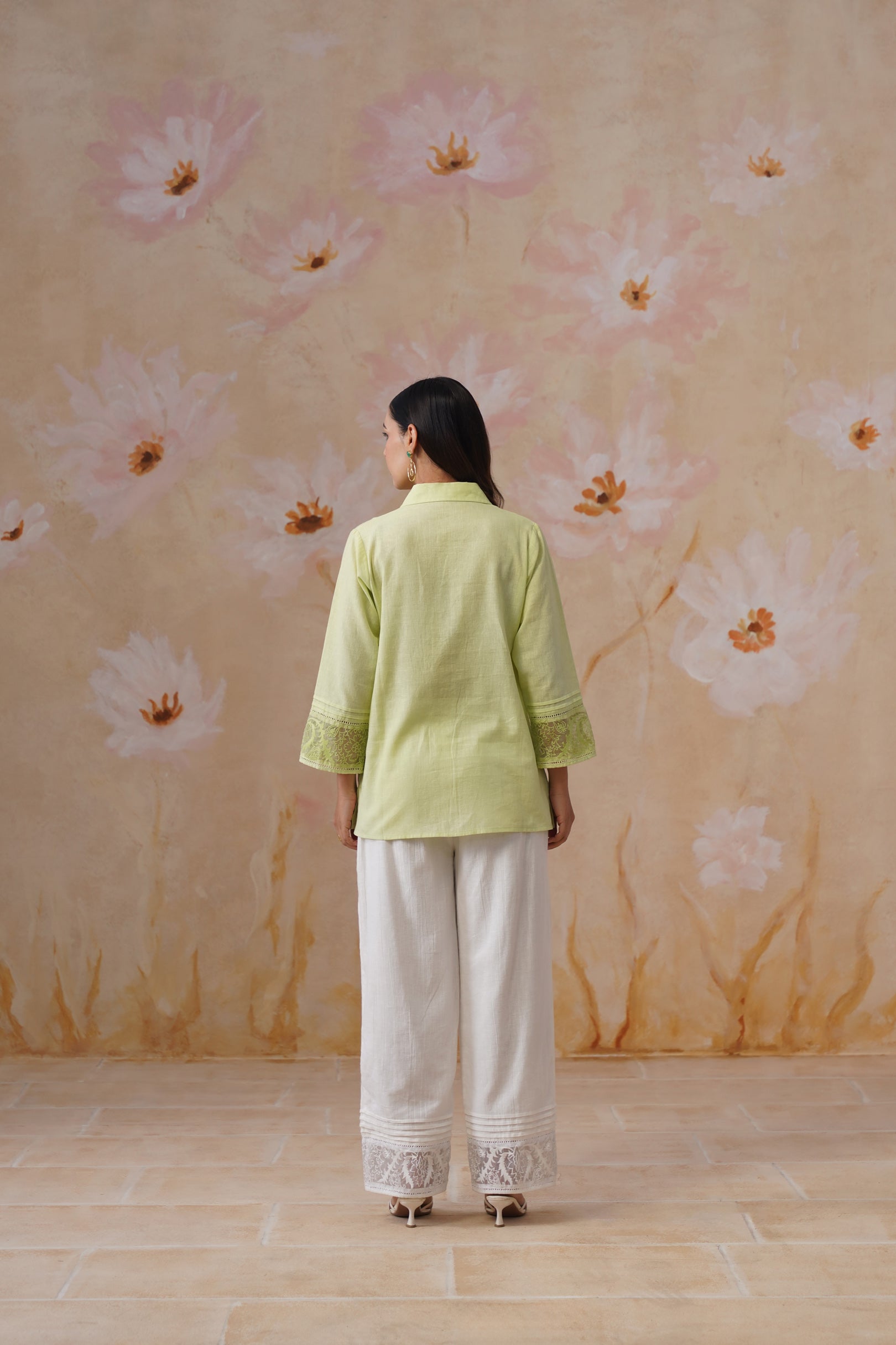 Green & white Organza Embroidered Cotton Linen Co-Ord Set Korah Stitch