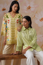 Green & white Organza Embroidered Cotton Linen Co-Ord Set Korah Stitch