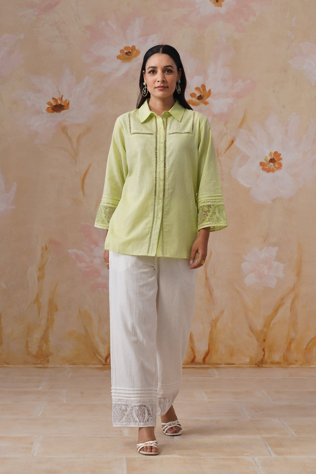 Green & white Organza Embroidered Cotton Linen Co-Ord Set Korah Stitch