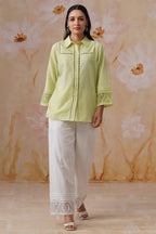 Green & white Organza Embroidered Cotton Linen Co-Ord Set Korah Stitch