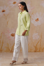 Green & white Organza Embroidered Cotton Linen Co-Ord Set Korah Stitch