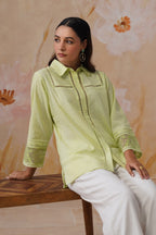 Green & white Organza Embroidered Cotton Linen Co-Ord Set Korah Stitch