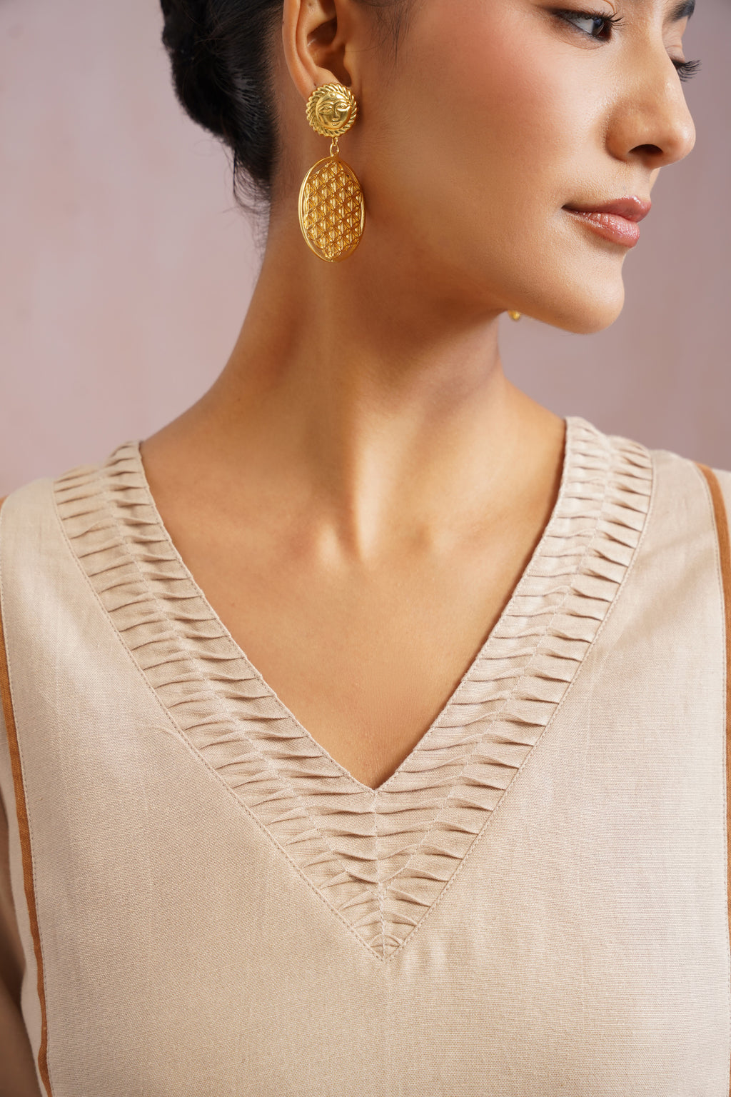 Beige Linen Blend Kurta Set with Pintucks Detailing