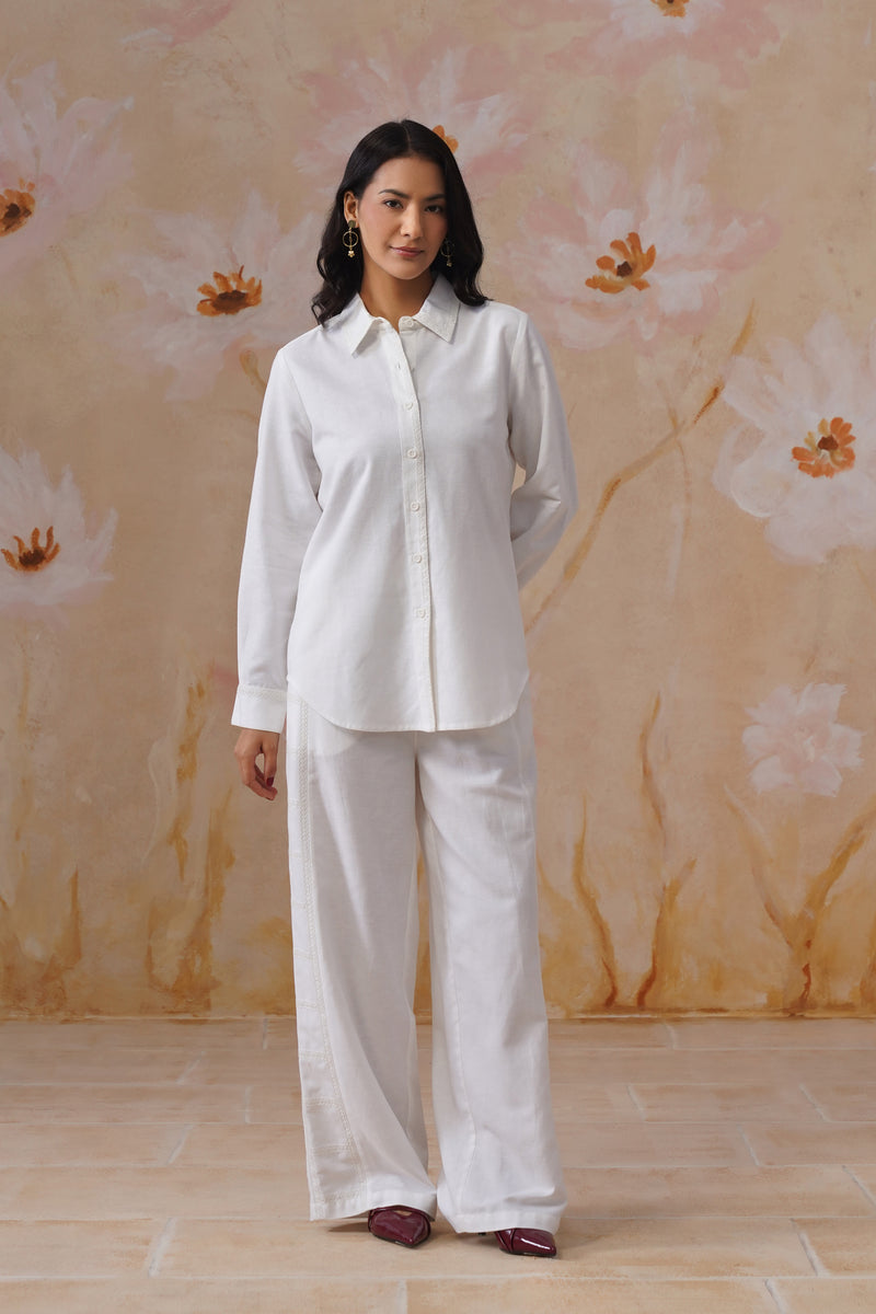 White Linen Blend Tonal Embroidered Co-Ord set