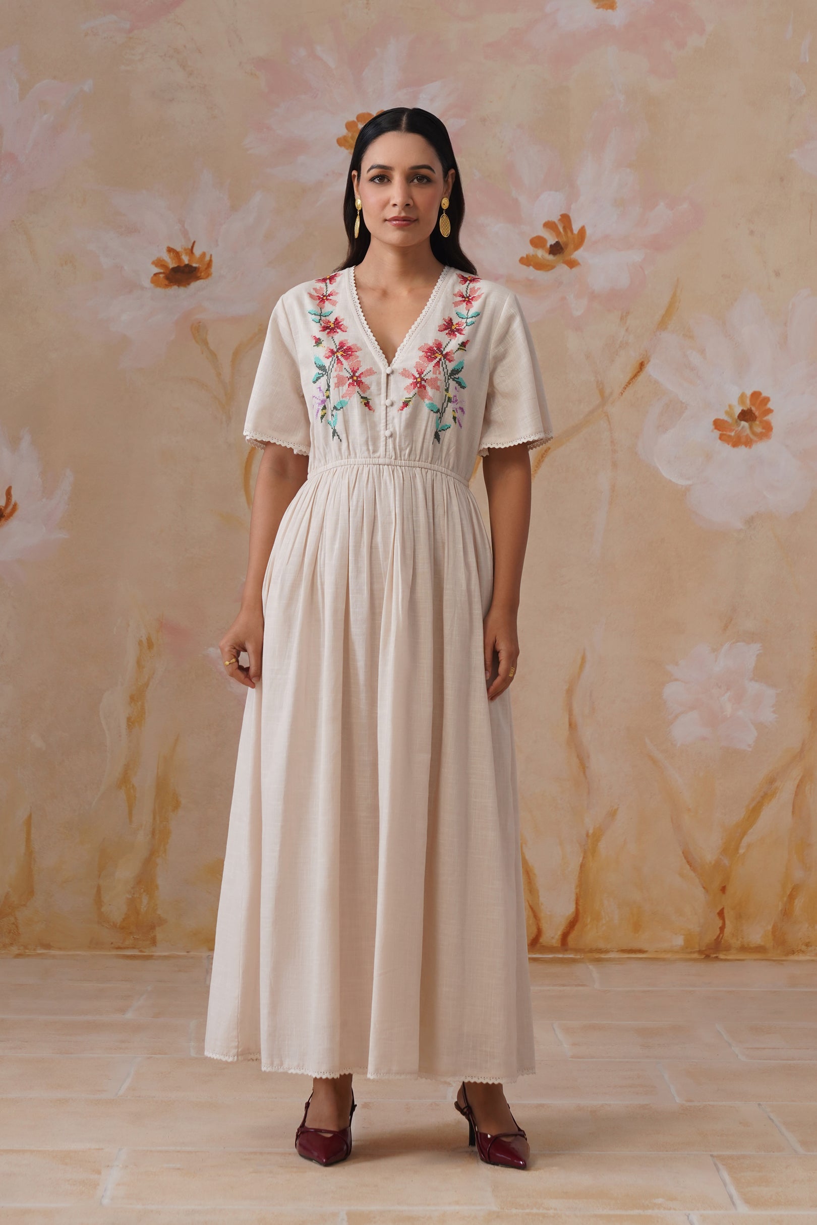 Ivory Floral Cross-Stitch Embroidery Maxi Dress