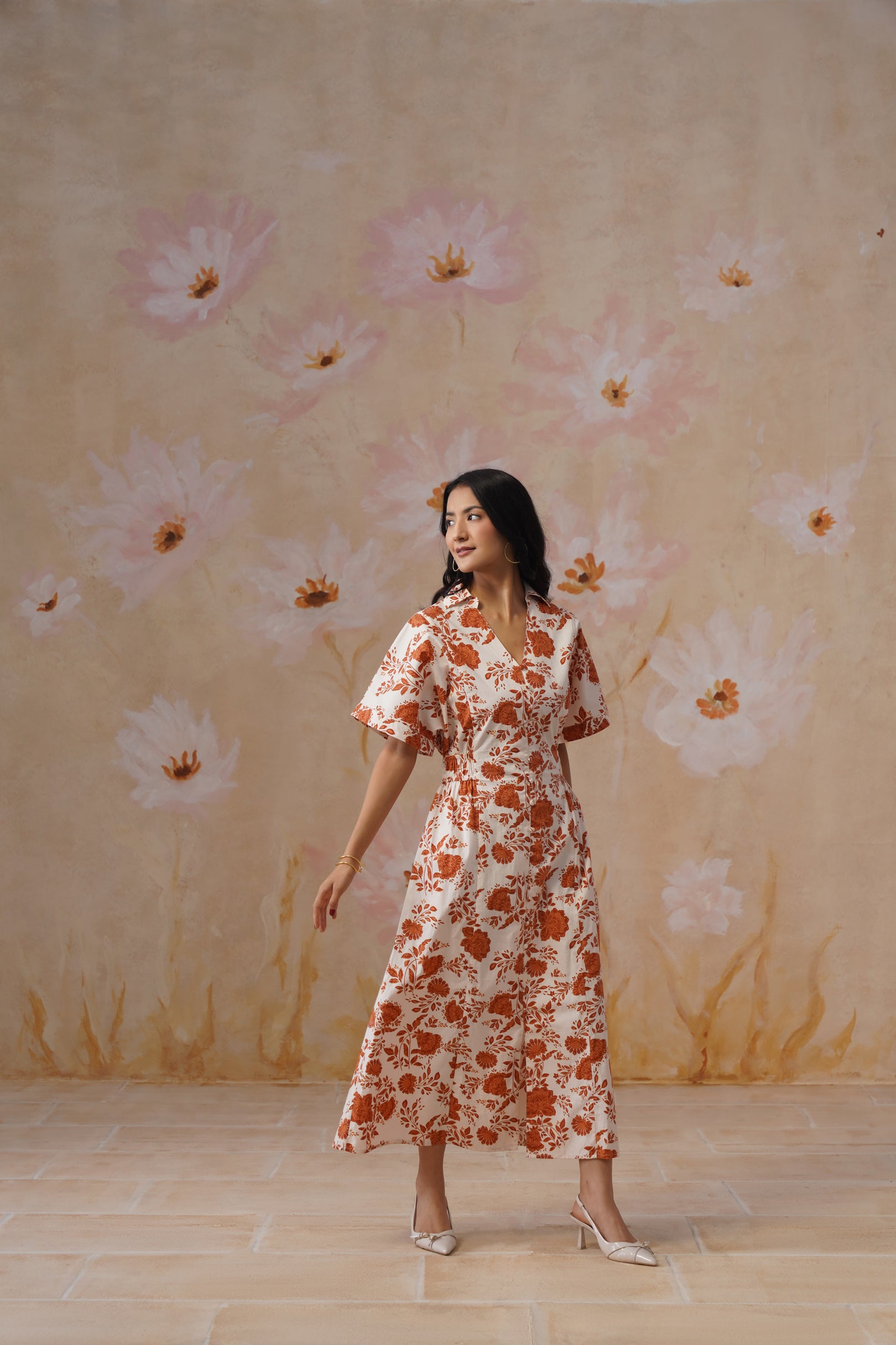 Orange Floral Cotton Maxi Dress