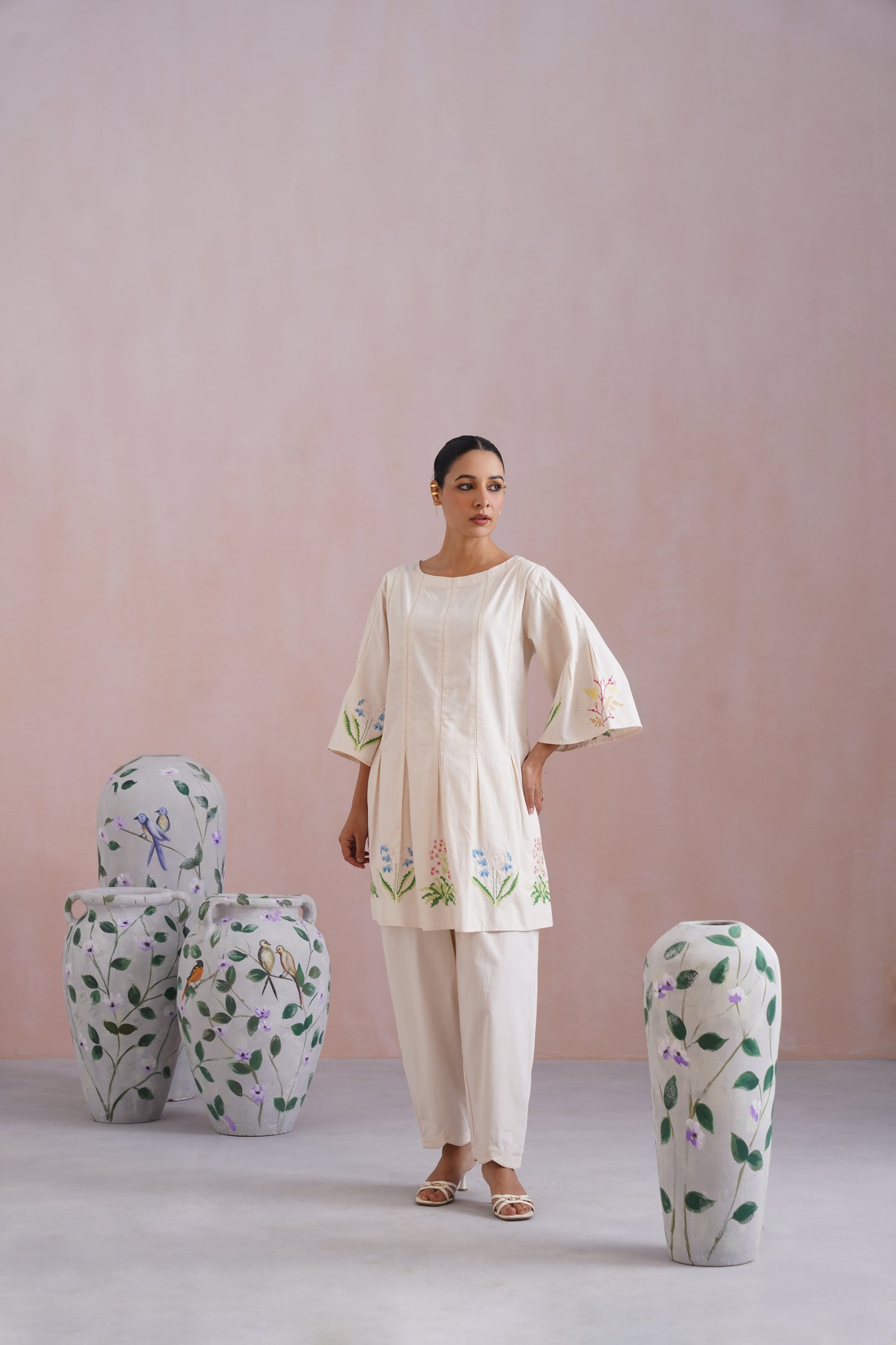 Ivory Floral Cross Stitched Embroidered Kurta Set