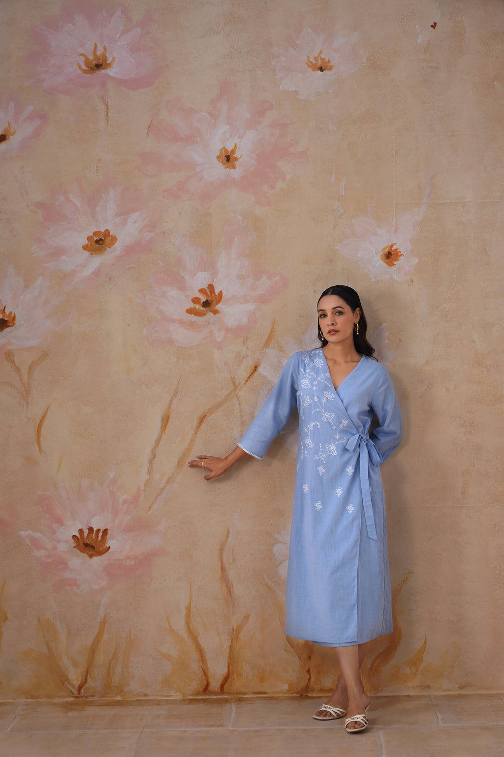 Powder Blue Embroidered Midi Wrap Dress