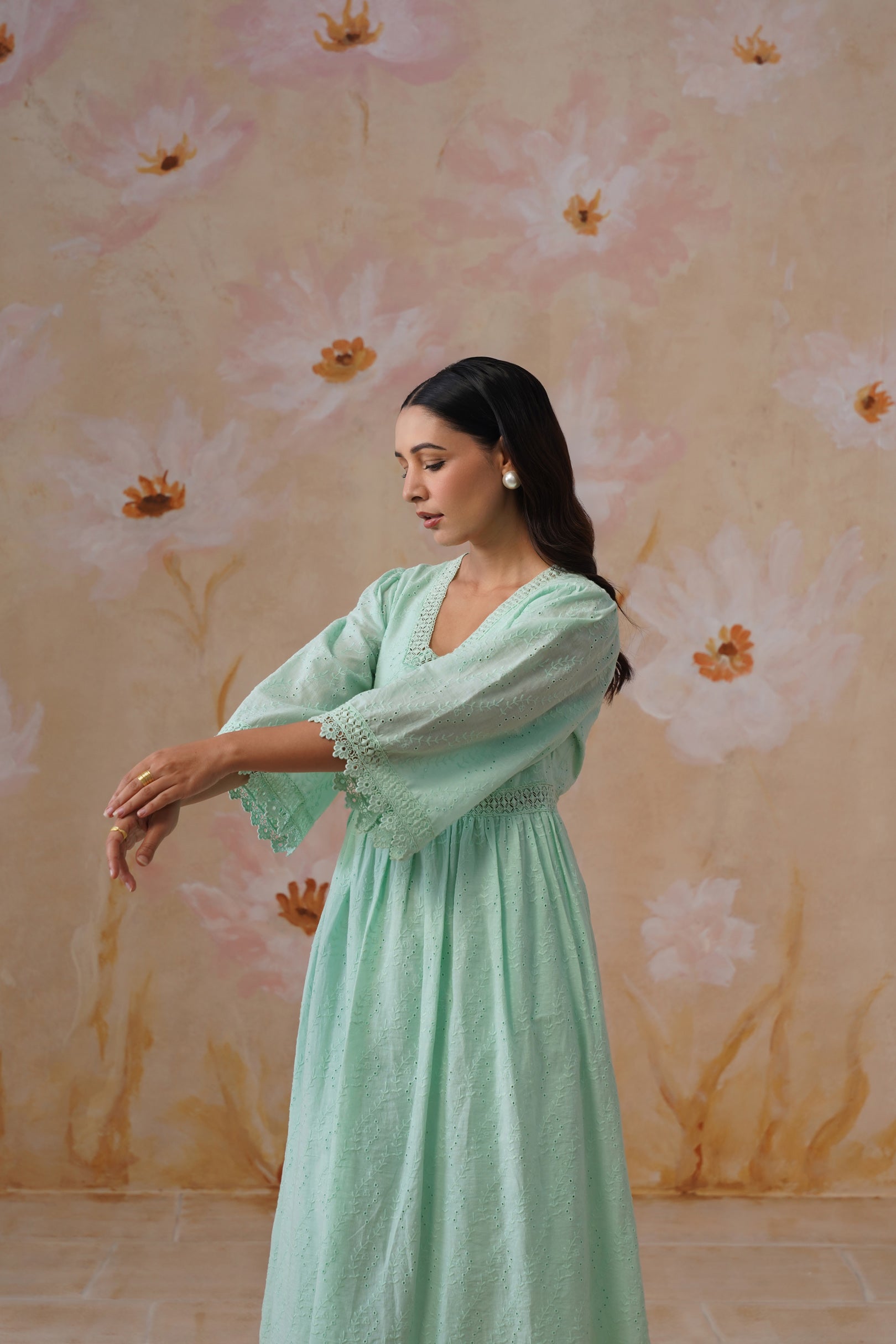 Mint Green Broderie Flared Midi Dress