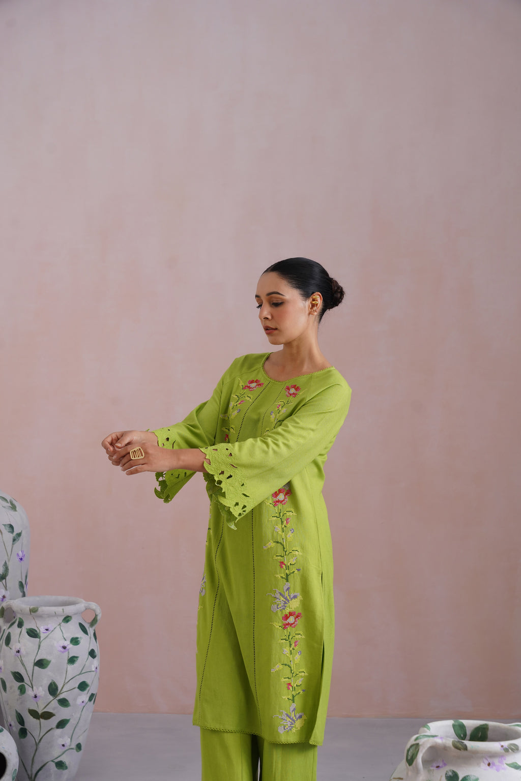 Parrot Green Cross Stitch Embroidered Linen Blend Kurta Set with cutwork detailing