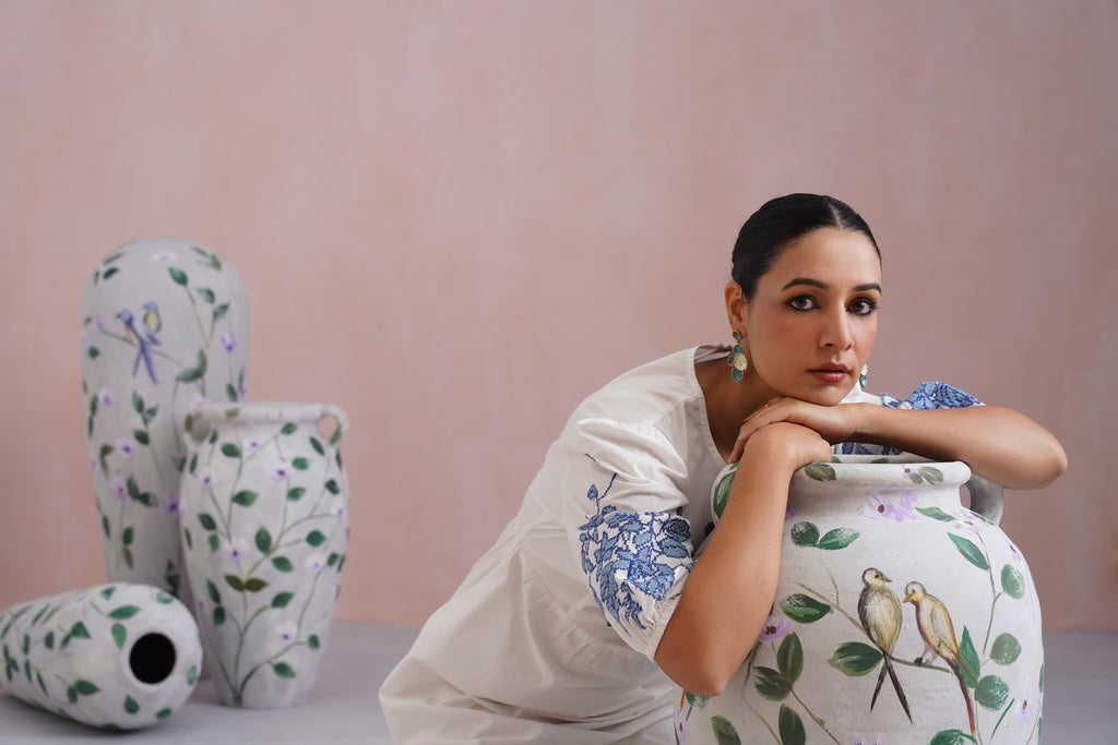 White Cross Stitch Embroidered Maxi Dress