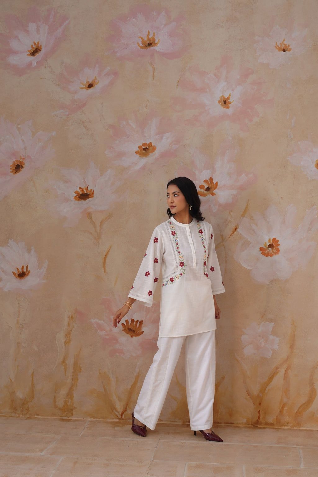 White Floral Cross Stitch Embroidered Tunic