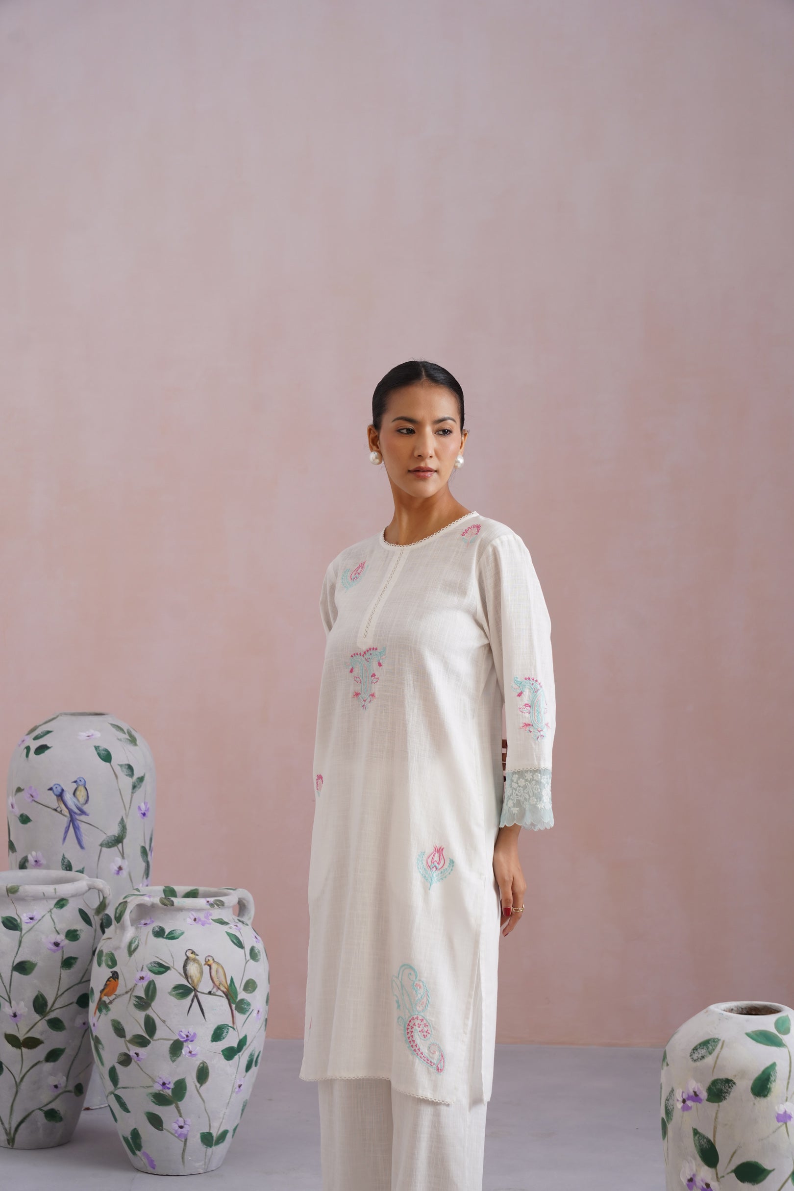 White Embroidered Kurta Set with organza detailing