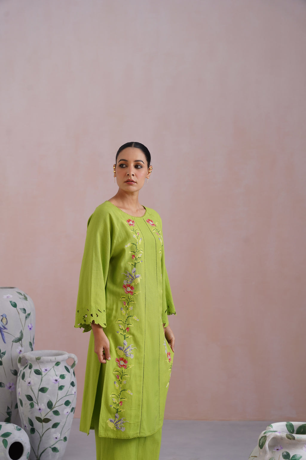 Parrot Green Cross Stitch Embroidered Linen Blend Kurta Set with cutwork detailing