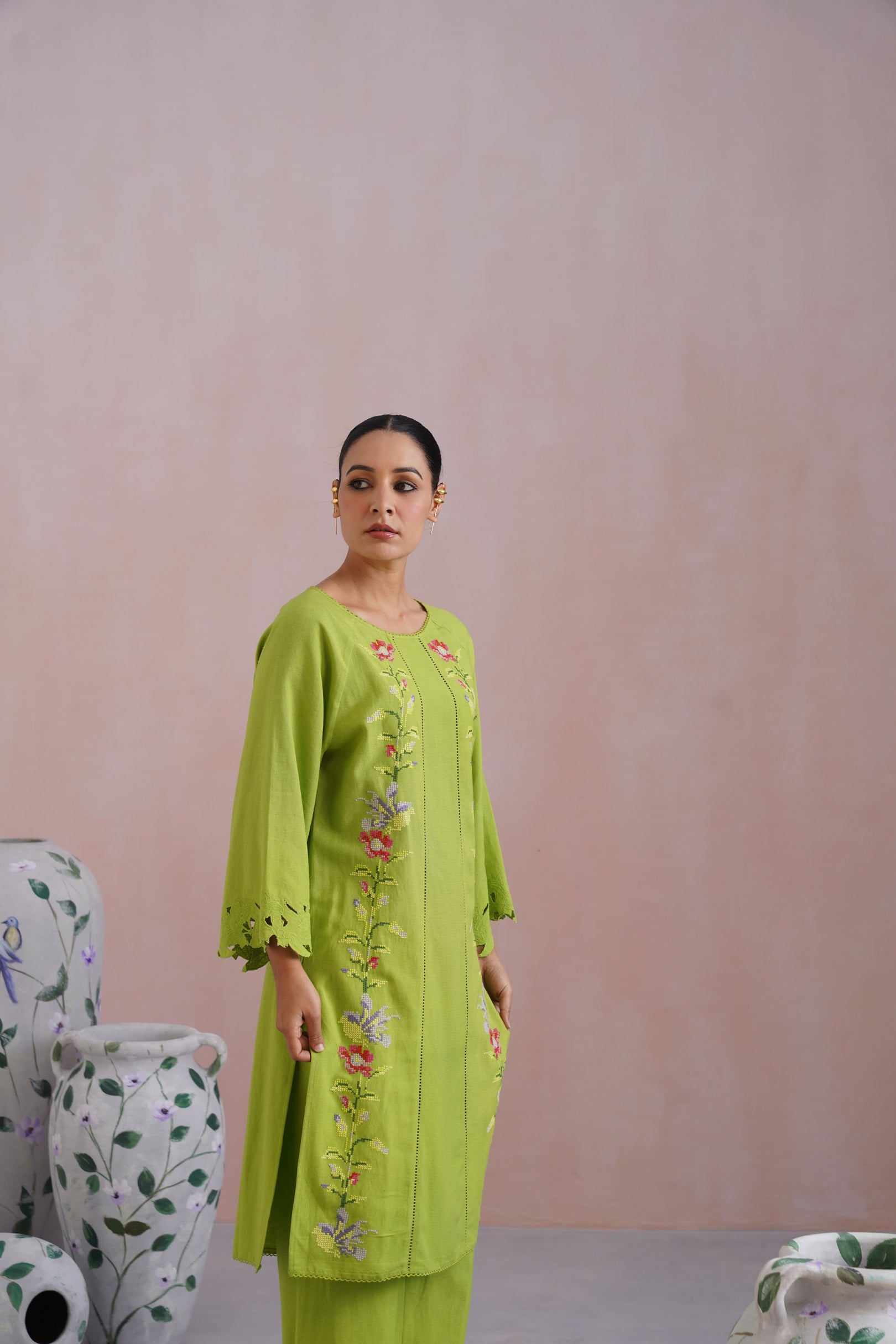 Parrot Green Cross Stitch Embroidered Linen Blend Kurta Set with cutwork detailing