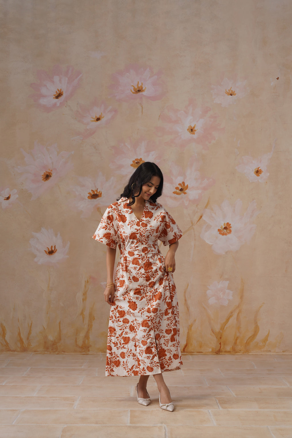 Orange Floral Cotton Maxi Dress