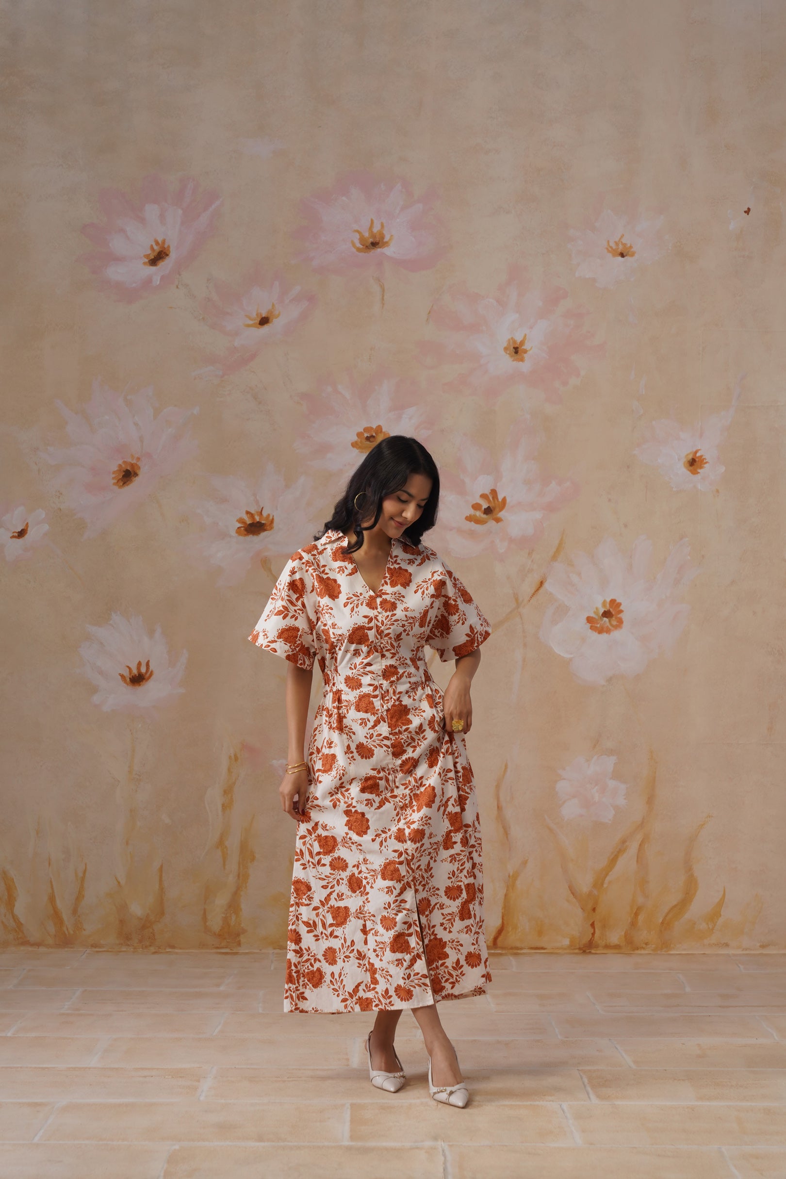 Orange Floral Cotton Maxi Dress