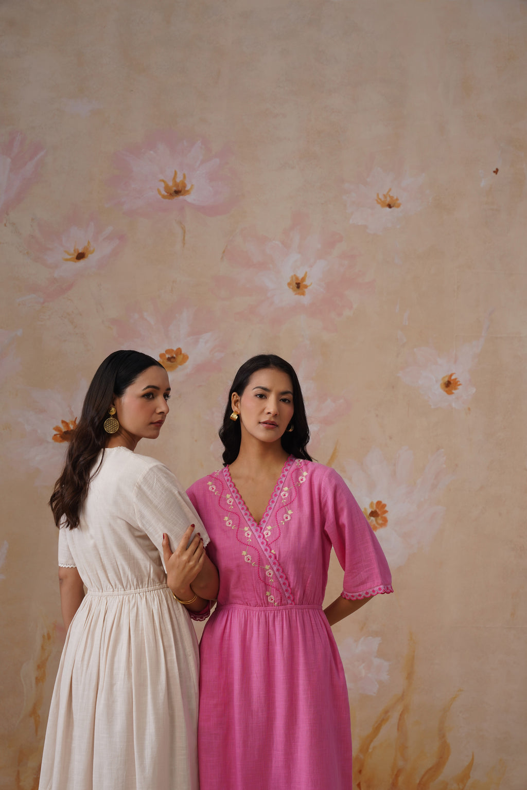 Rose Pink Embroidered Midi Dress with Organza Detailing